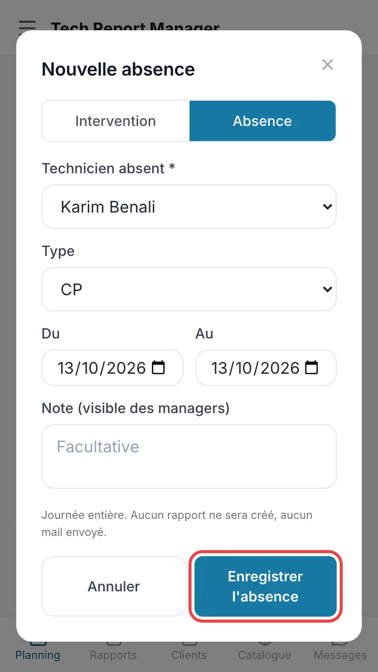 Le formulaire d'absence
