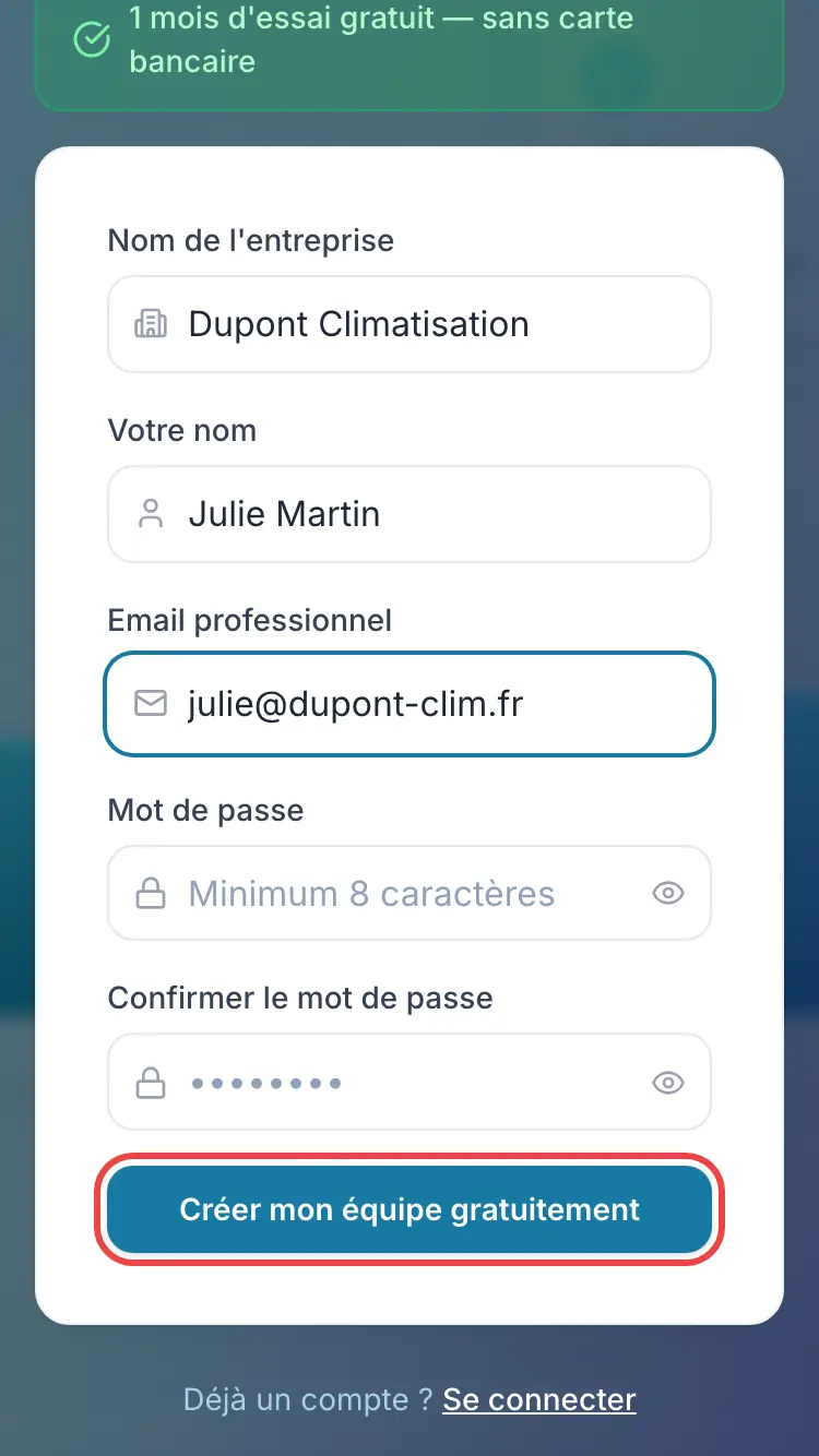 Le bouton de création du compte