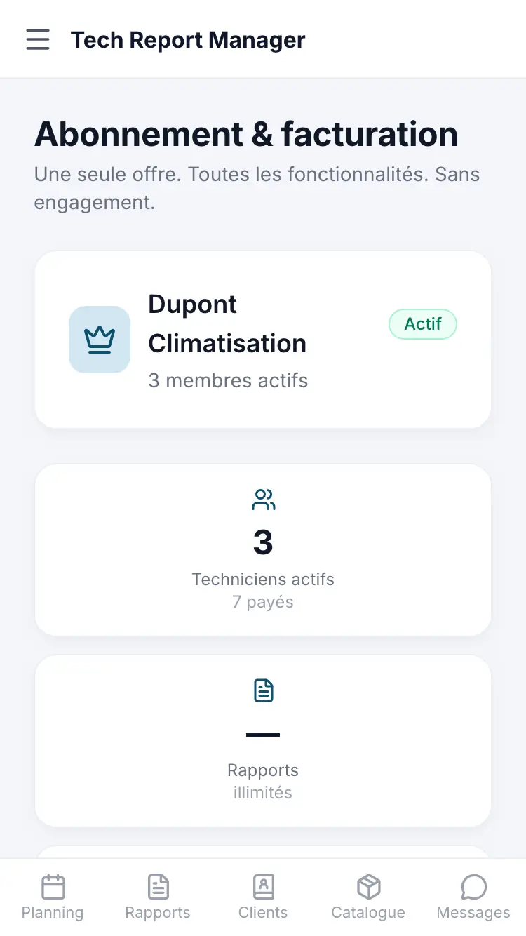 La page Abonnement pendant l’essai