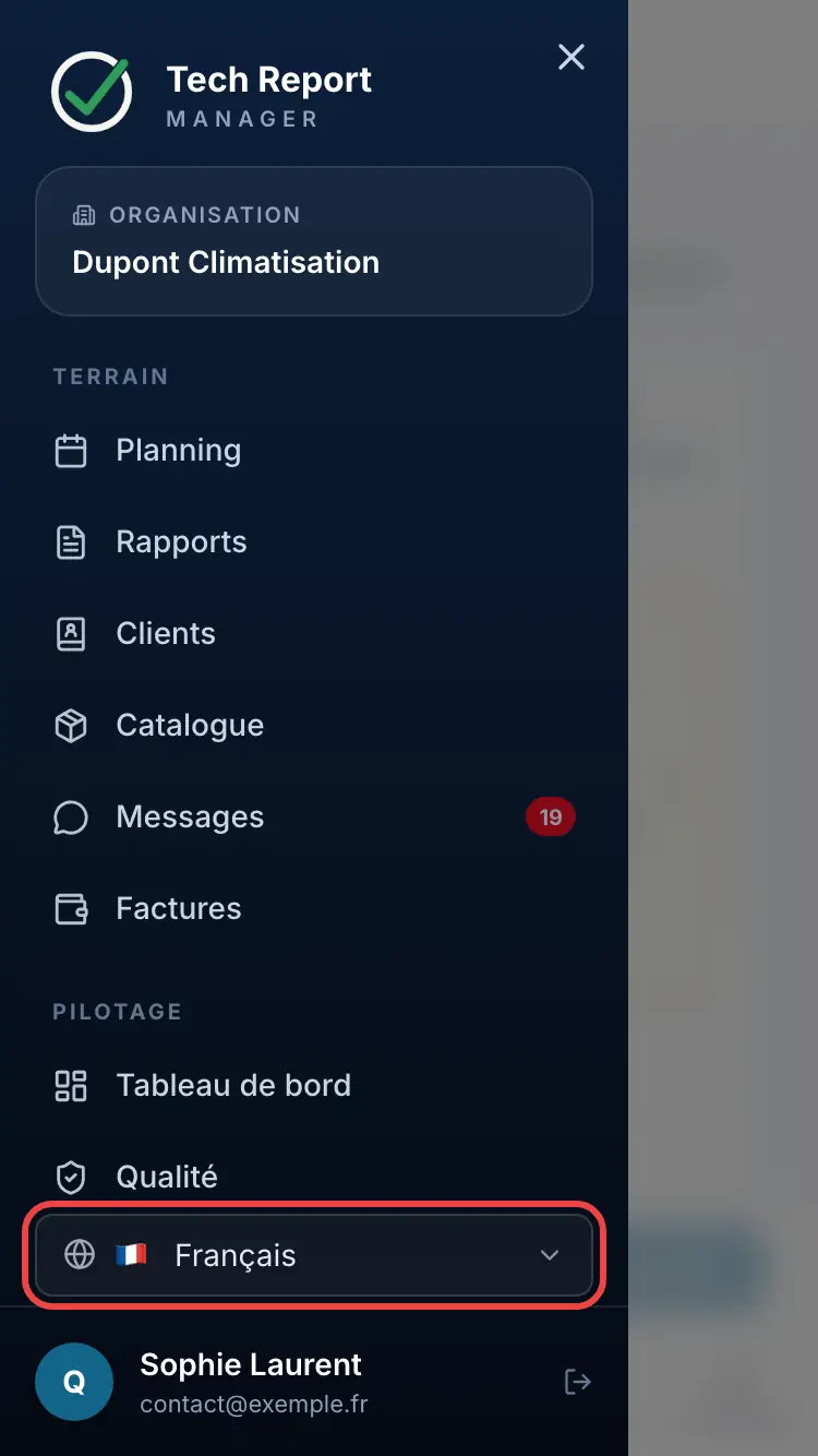 Le choix de la langue dans le menu