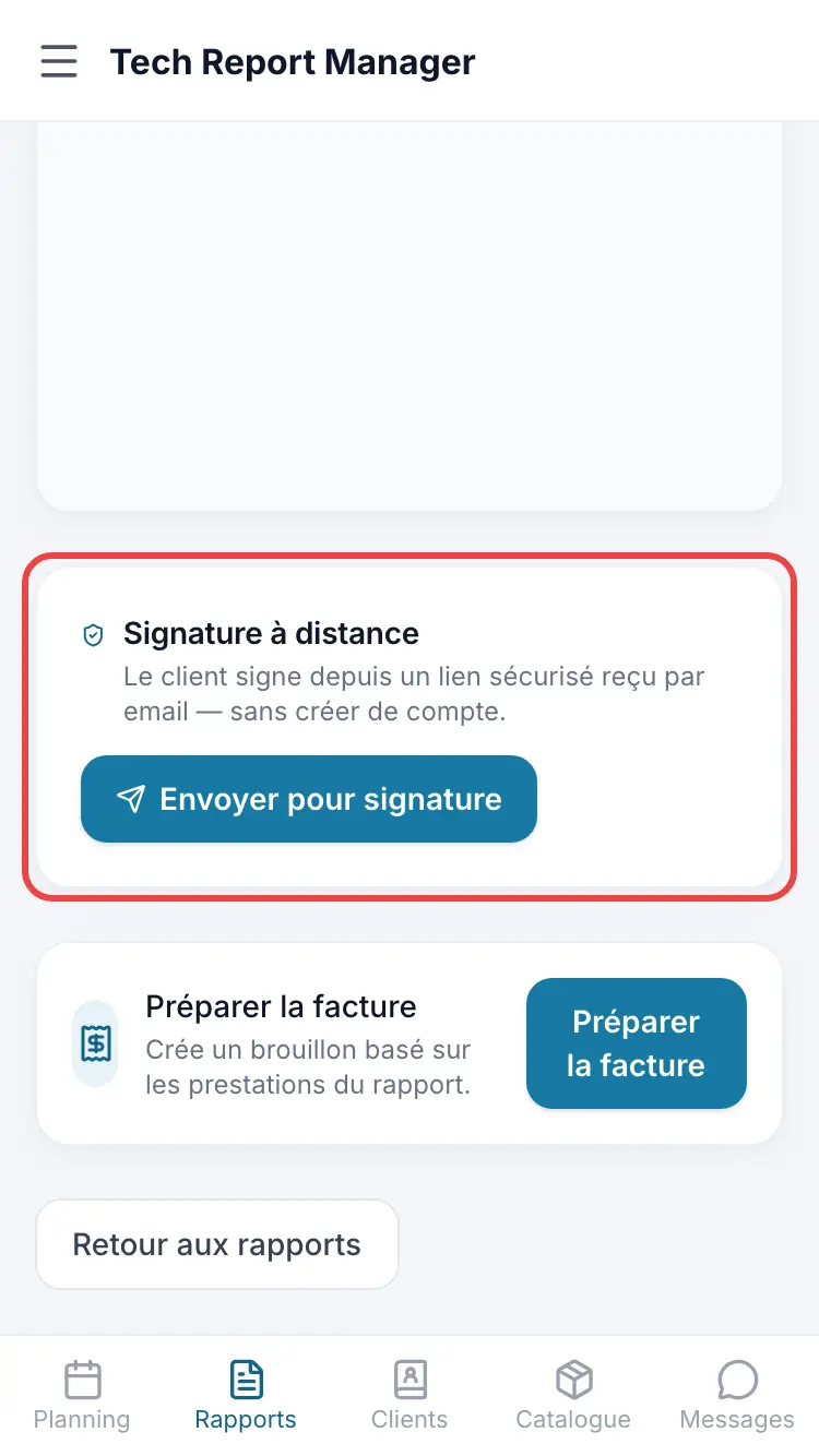 Le bloc Signature à distance du rapport