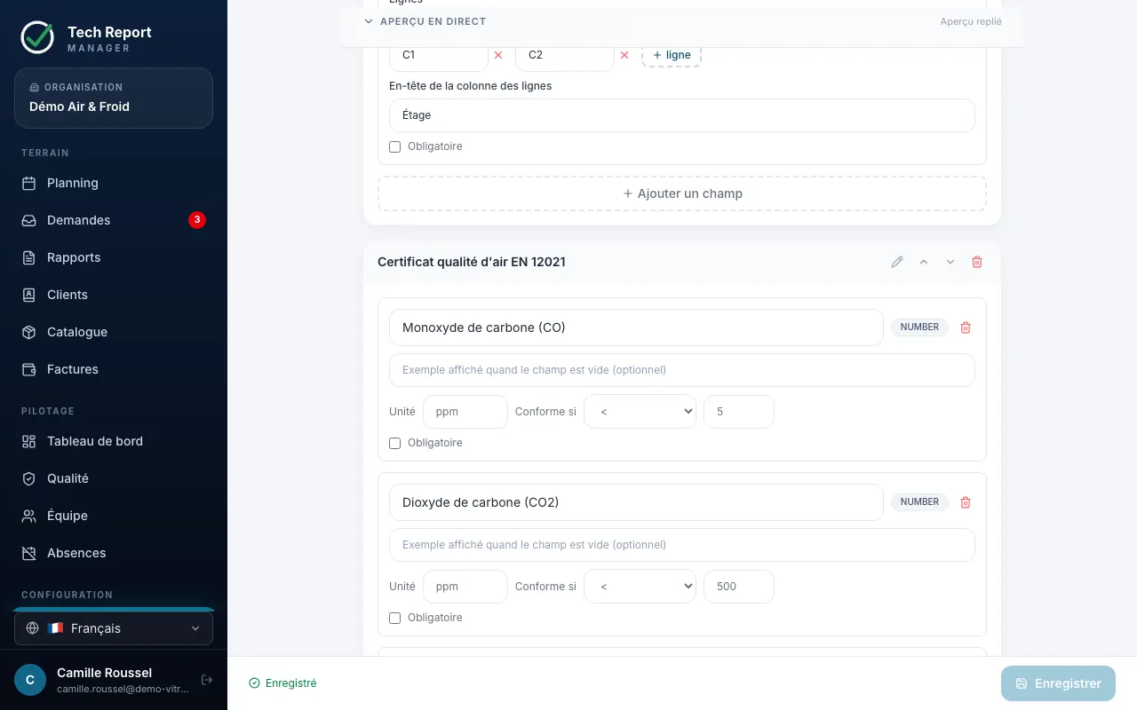 Personnalisation du modèle de rapport : un relevé avec son unité et sa limite « Conforme si », un tableau et une grille à cocher (données fictives)